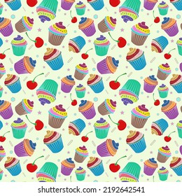 Colorful seamless pattern of Caribbean green, blue green, liver chestnut, purpurneus color cupcake with plum purple, deep saffron, pink, titanium yellow color frosting and topping on nyanza background