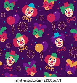 Colorful seamless pattern with carnival masks, clowns, firework. Circus, carnival, birthday, party,  purim endless texture, background, print. Vector illustration in flat style