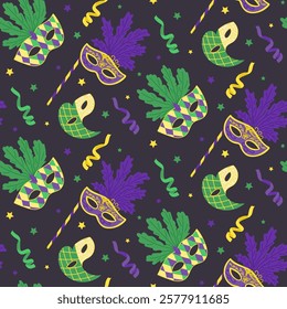 Colorful seamless pattern with carnival masks, feathers, ribbons, and stars in purple, green, and yellow tones on a dark background, symbolizing Mardi Gras theme. Vector hand drawn illustration