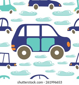 Colorful seamless pattern with cars and clouds. vector illustration