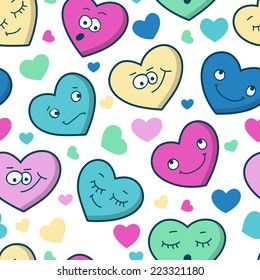 Colorful seamless pattern of cartoon heart emotions. Valentine's greeting card. Vector illustration background. 