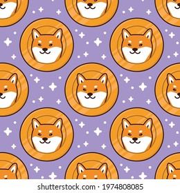 Colorful seamless pattern with cartoon Shiba inu dog on coin. Dogecoin cryptocurrency icon. Digital currency. Kawaii vector image.