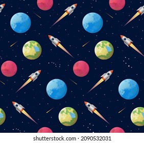 Patrón ininterrumpido colorido con cohetes espaciales de dibujos animados, estrellas, planetas. Fondo del vector espacial.