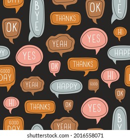 Colorful seamless pattern with cartoon speech bubbles with dialog boxes with phrases: happy, thanks, good, bye on black background. Modern vector illustration	