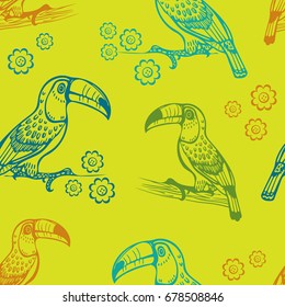 Colorful seamless pattern with cartoon toucans on a green background. Vector illustration. Wallpaper with exotic bird.