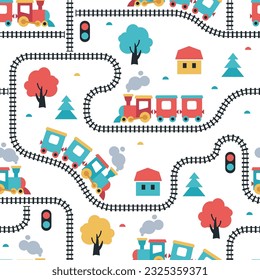 Colorful seamless pattern with cartoon train, steam locomotive, railway in flat style. Endless texture for fabric, clothes, background, textile, wallpaper. Vector color illustration.