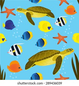 Colorful seamless pattern with cartoon turtles and fishes on blue background.  Underwater life wallpaper. vector illustration