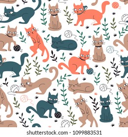 Colorful Seamless Pattern with Cats and Leaves.