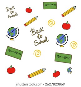Colorful seamless pattern celebrating back to school with drawings of school supplies, perfect for educational projects and children's designs