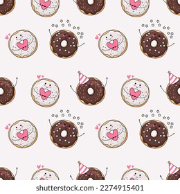 Colorful seamless pattern of celebration, party. Cute bright donuts. Vector celebration background. Perfect for wrapping paper, scrapbooking, textile prints, wallpaper