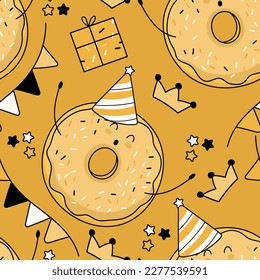 Colorido patrón de celebración sin fisuras, fiesta. Pequeños donuts brillantes, regalos, banderas. Fondo de la celebración del vector. Perfecto para envolver papel, rayado, impresiones textiles, papel pintado