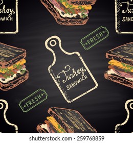 Colorful seamless pattern chalk painted Turkey sandwich. Fast Food menu theme.