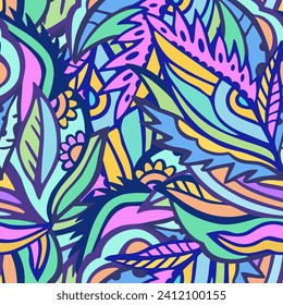 Farbiges, nahtloses Muster mit chaotischen floralen und psychedelischen abstrakten Elementen. Vektorgrafik.