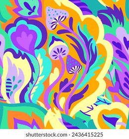 Colorful seamless pattern with chaotic floral and psychedelic abstract elements. Vector illustration.