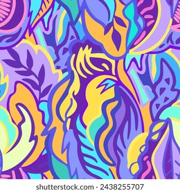 Colorful seamless pattern with chaotic floral and psychedelic abstract elements. Vector illustration.