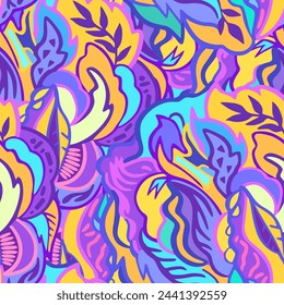 Colorful seamless pattern with chaotic floral and psychedelic abstract elements. Vector illustration.