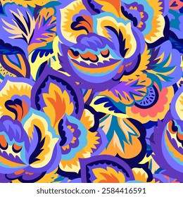 Colorful seamless pattern with chaotic floral and psychedelic abstract elements. Vector illustration.