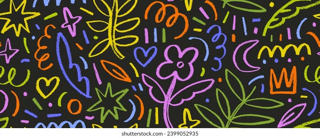 Colorful seamless pattern with charcoal botanical and childish shapes. Hand drawn flowers, leaves, crowns and stars with speckles. Grunge pencil doodle drawing. Rough crayon strokes, doodle pattern.