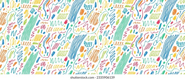 Colorful seamless pattern with charcoal scribbles, swirls and squiggles. Hand drawn childish rough crayon vector strokes. Grunge doodle background with multi colored various simple curved lines.
