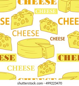 Colorful seamless pattern with cheese icon hand drawn. Big collection of cheese, sketch objects. Decorative wallpaper vector. White and yellow background with fresh dairy products