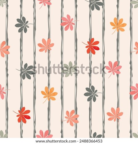 Colorful seamless pattern with chestnut leaves.Botanical silhouettes with grunge textures.White background with rough vertical lines.Vector graphic design for printing on fabric and paper,textile.