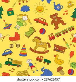 Colorful seamless pattern, childish doodles. Use for wallpaper, pattern fills, textures, fabric.