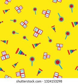 Colorful seamless pattern with children's toys. Repetitive pyramids, rattles, cubes with numbers. Vector illustration for kids.