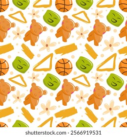 Colorful seamless pattern of children's toys such as teddy bears and balls and smile emoticon for fabric and decorative.