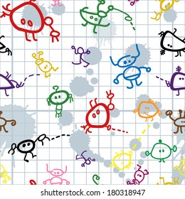 Colorful seamless pattern with child's drawing with robots