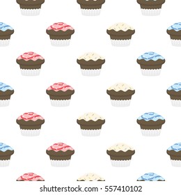 Colorful seamless pattern. Chocolate muffins with glaze and sprinkles.