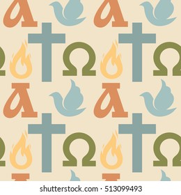 Colorful seamless pattern with Christian symbols. Bible, church and religious elements.