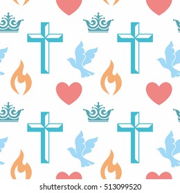 Colorful seamless pattern with Christian symbols. Bible, church and religious elements.