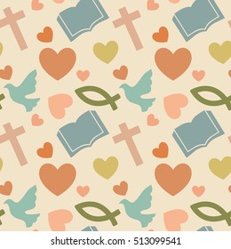 Colorful Seamless Pattern With Christian Symbols. Bible, Church And Religious Elements.