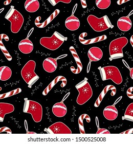 Colorful seamless pattern with christmas ball, sock, caramel cane, decorative elements on a neutral background. vector. hand drawing