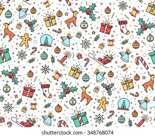 Colorful seamless pattern for Christmas. Beautiful background fabric ofwrapping paper . Modern style in a thin line. Ornamental Christmas items.