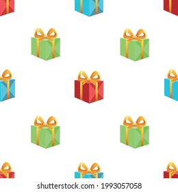Colorido patrón sin fisuras con cajas de regalo de navidad sobre fondo blanco. 3 quinquies objetos. Para navidad, cumpleaños, San Valentín, día de la madre, día del padre, venta. Ilustración vectorial.