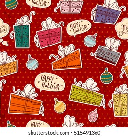 Colorful seamless pattern with Christmas and New Year gifts with ribbon doodle cartoon