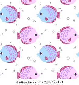 Colorful seamless pattern with circle ocean fish and bubbles in flat hand drawn style. For design, textile, background