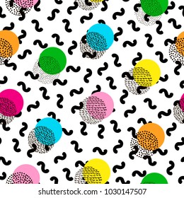 Colorful seamless pattern from circles. Bright background. 80's - 90's years design style. Trendy. Vector illustration