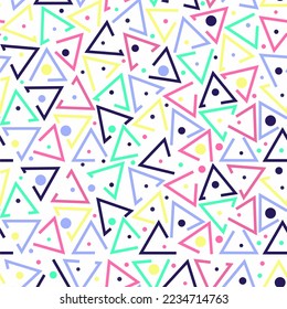 Farbiges, nahtloses Muster. Kreise, Punkte und stilisierte Dreiecke. Frische, farbige Linie, doodle Form Hintergrund. Abstraktes Verpackungspapier, Druck, Textilien, Gewebe.