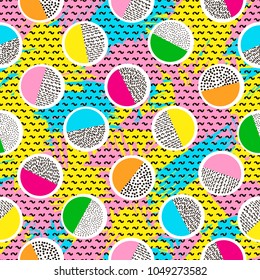 Colorful seamless pattern from circles on the bright brush strokes background and black dots. 80's - 90's years design style. Trendy. Vector illustration