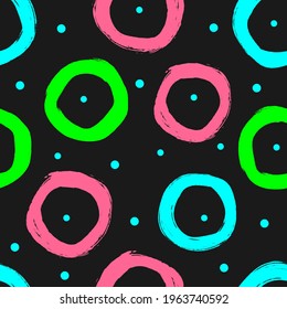 Colorful seamless pattern with circles and round spots. Sketch, watercolor, paint. Neon colors. Simple vector illustration.