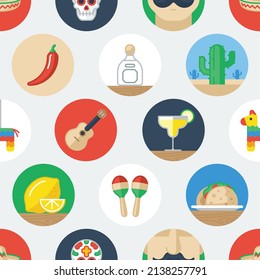 Colorful seamless pattern of circular Mexico related icons.