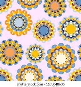 Colorful seamless pattern with circular ornament in folk style, vector