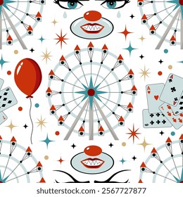 Colorful seamless pattern with circus symbols and items, carousel, red balloon, poker cards and clown mask against white background. Vector cartoon illustration