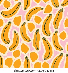 Colorful seamless pattern with citruses and bananas. Vector cute background, print, wrapping paper