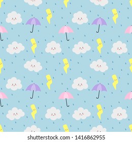 Colorful seamless pattern clouds, umbrella, rain and lightning on blue background. vector Illustration.