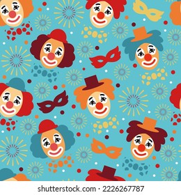 Colorful seamless pattern with clowns and carnival masks. Circus, carnival, party endless texture, background. Vector illustration