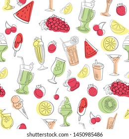 Colorful seamless pattern with cocktail glasses, fruit and ice cream. Vector design.