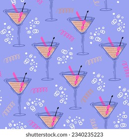 Colorful seamless pattern with cocktail glasses. Party sticker design in vintage style. Vector illustration.